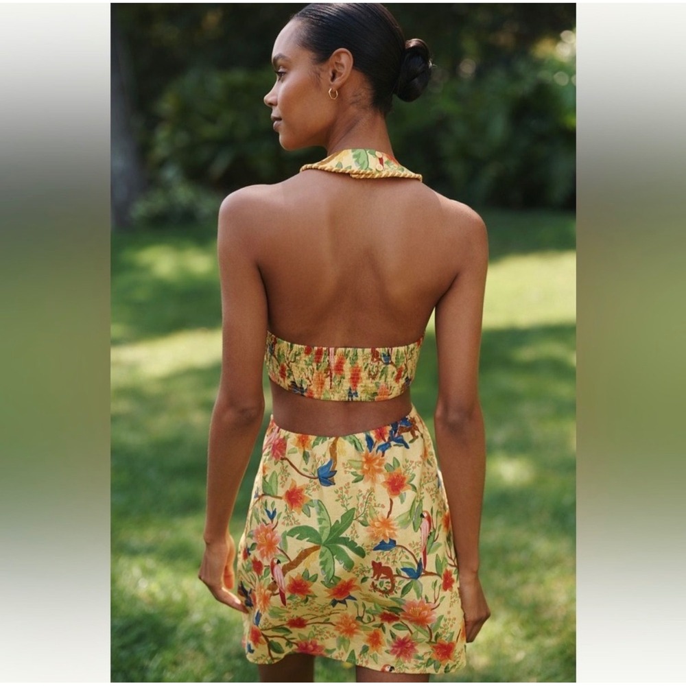 Farm Rio x Anthropologie Yellow Tropical Jungle Halter Mini Dress Size M NWT - Picture 2 of 6